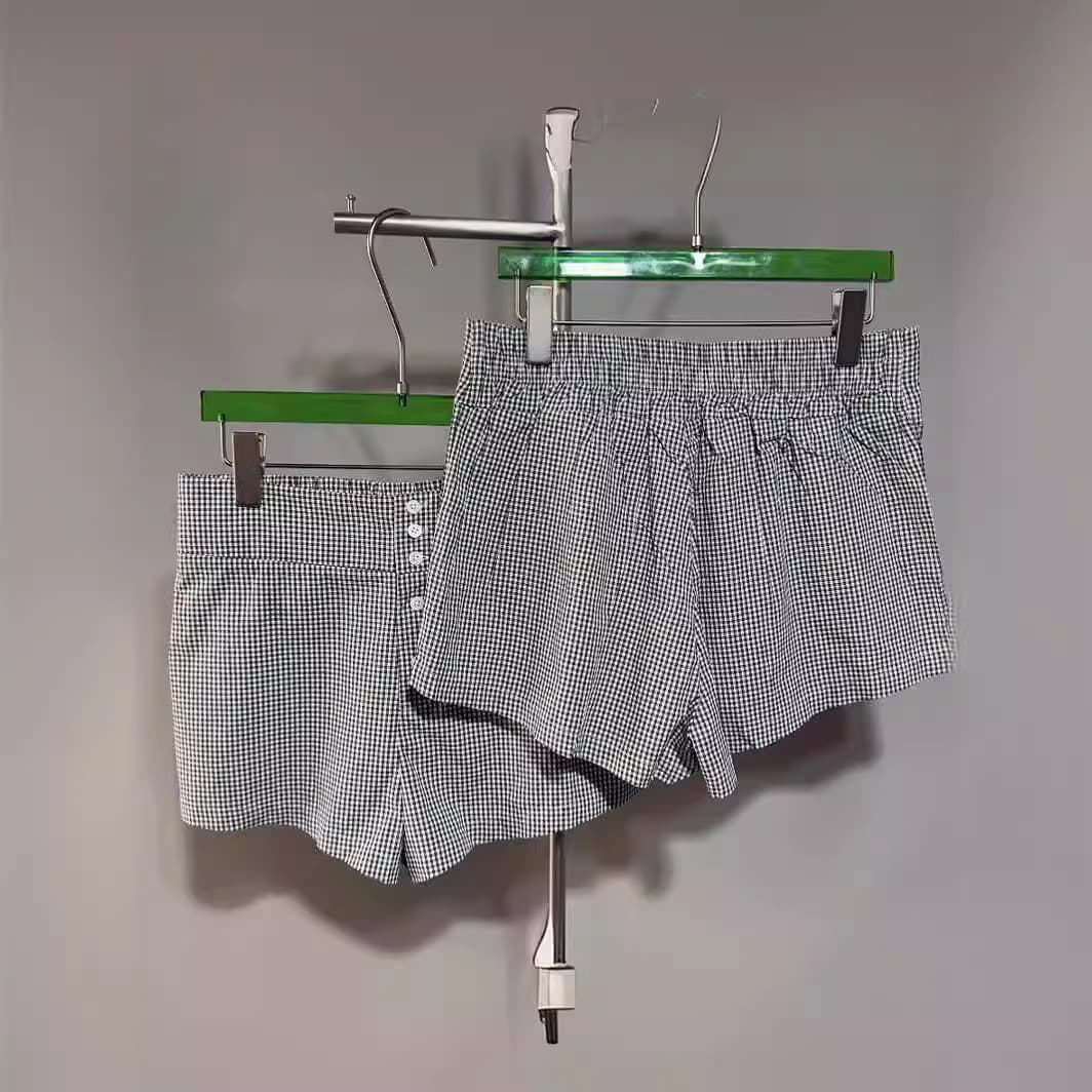 チェックパンツ ショート 格子柄ボタン装飾ショートパンツ