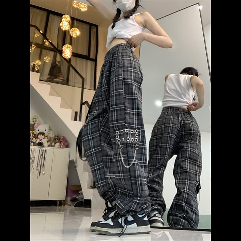 チェックパンツ モード系チェック柄 ハイウエストスラックス レディース