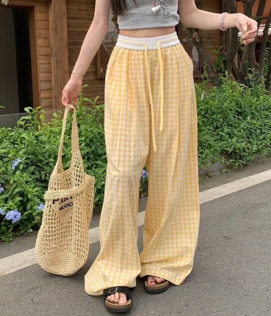 チェックパンツ ギンガムチェック柄ワイドパンツ