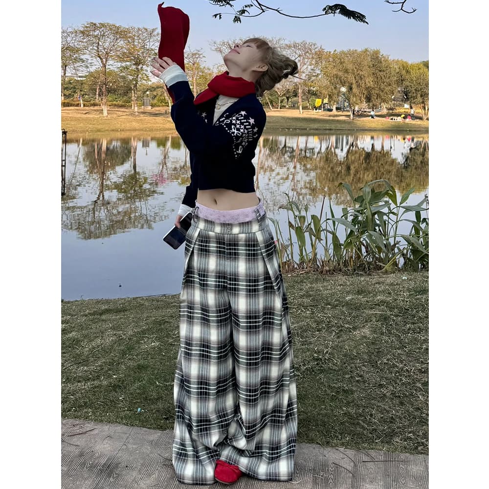 チェックパンツ ゆったりタータンロングパンツ