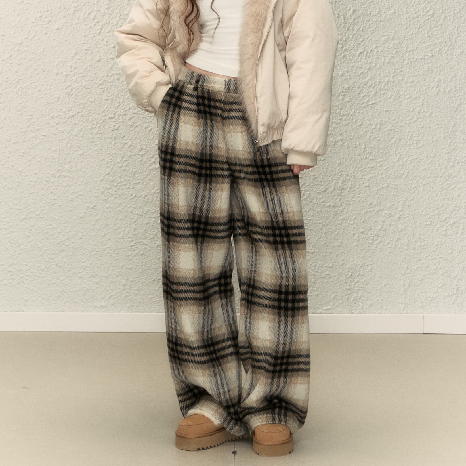 チェックパンツ もこもこチェック ゆるふわ ワイドパンツ