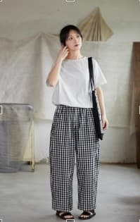 チェックパンツ 白黒 ゆったりチェック柄ワイドパンツ