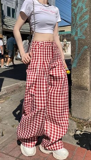 チェックパンツ 赤 ゆったりチェック柄ワイドパンツ