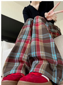チェックパンツ 赤 ゆったりチェック柄リラックスパンツ
