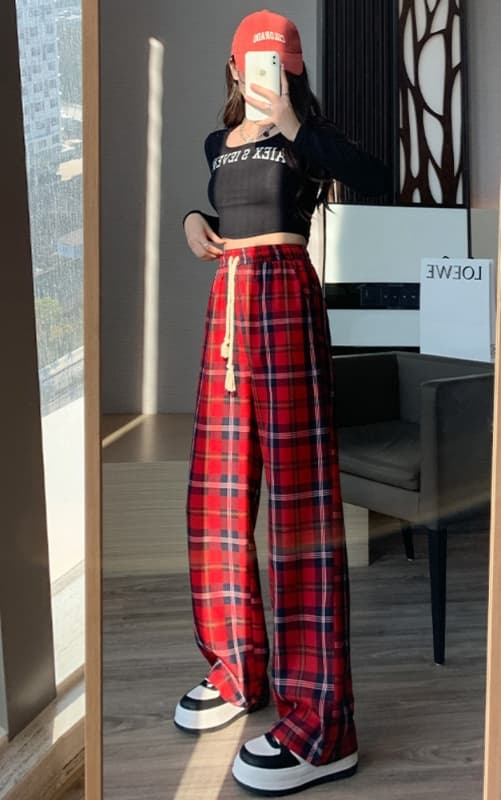 チェックパンツ 赤 伝統格子柄 ゆったりワイドパンツ