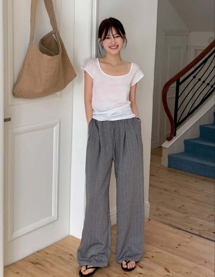 チェックパンツ グレー ゆったりシルエット格子柄ワイドパンツ
