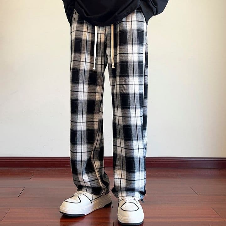 チェックパンツ チェックパンツ 格子柄リラックスストレートパンツ