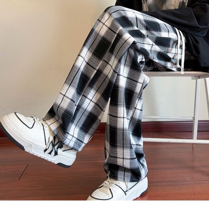 チェックパンツ チェックパンツ 格子柄リラックスストレートパンツ