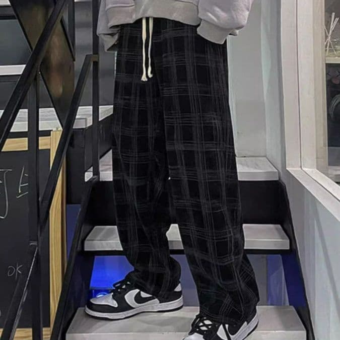 チェックパンツ チェックパンツ ゆったり格子柄ワイドパンツ