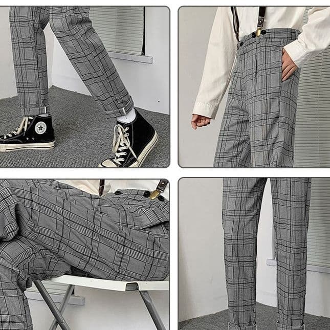 チェックパンツ チェックパンツ 四角格子サスペンダー付きスラックス