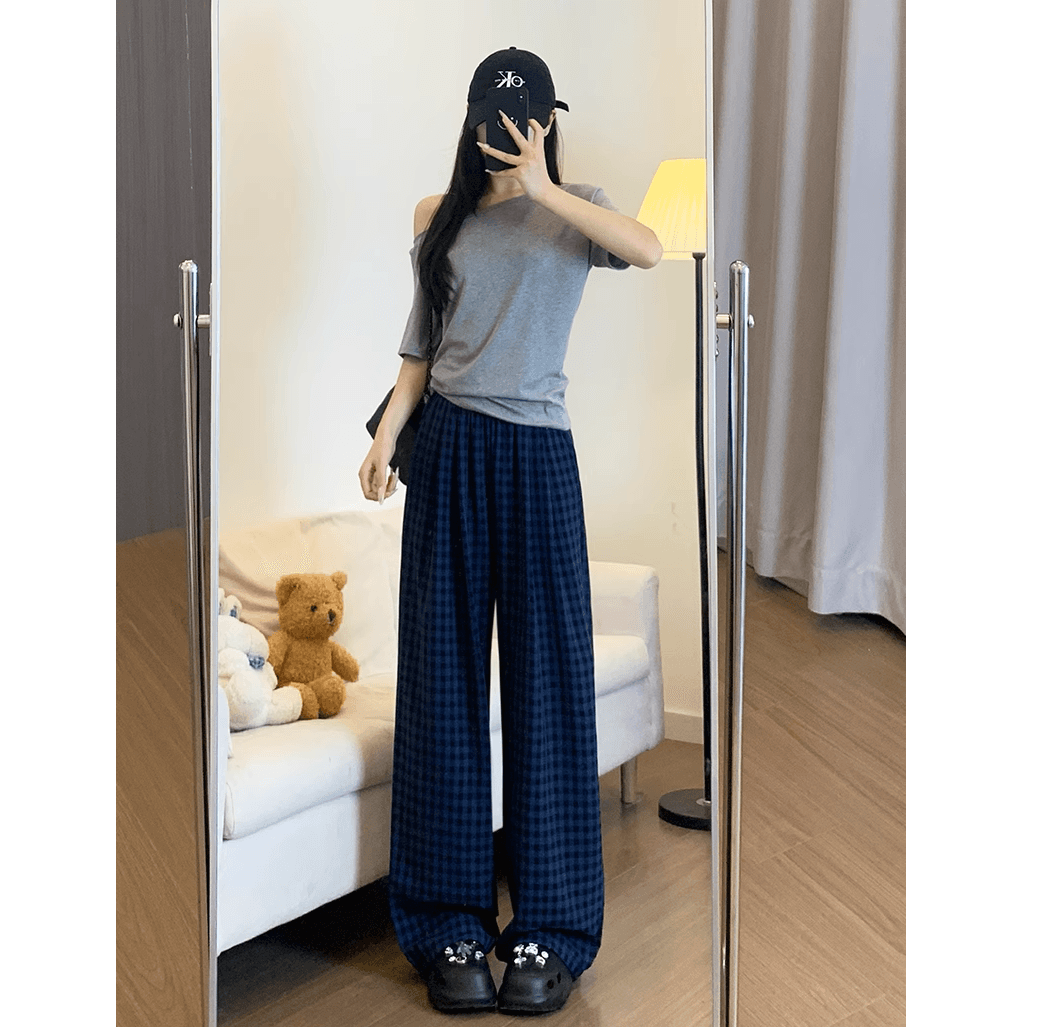 チェックパンツ 高腰ギンガムチェックワイドパンツ