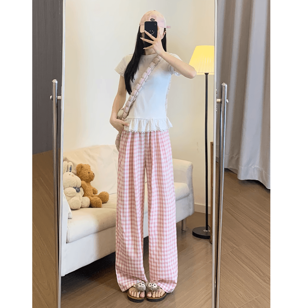 チェックパンツ 高腰ギンガムチェックワイドパンツ