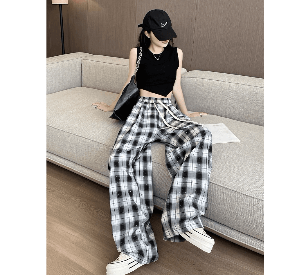 チェックパンツ 高腰美脚チェックワイドパンツ