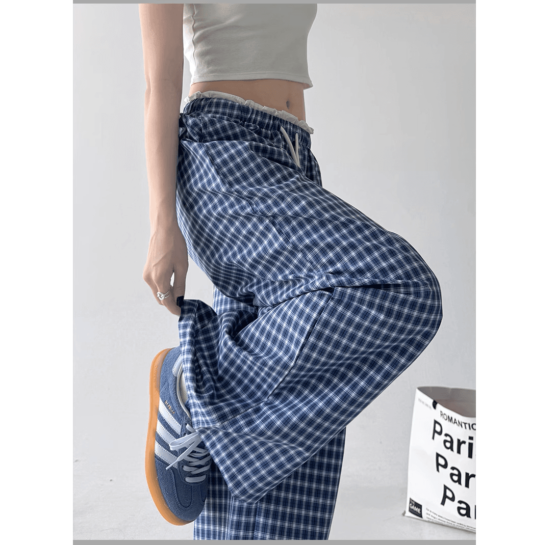 チェックパンツ リラックス感ある抽象紐ギンガムチェックワイドパンツ