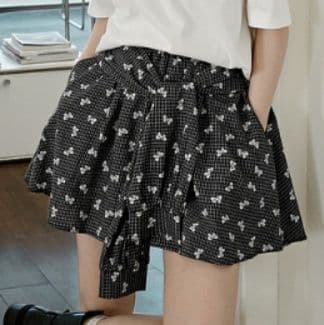 チェックパンツ 花柄リボン付きプリーツスカート