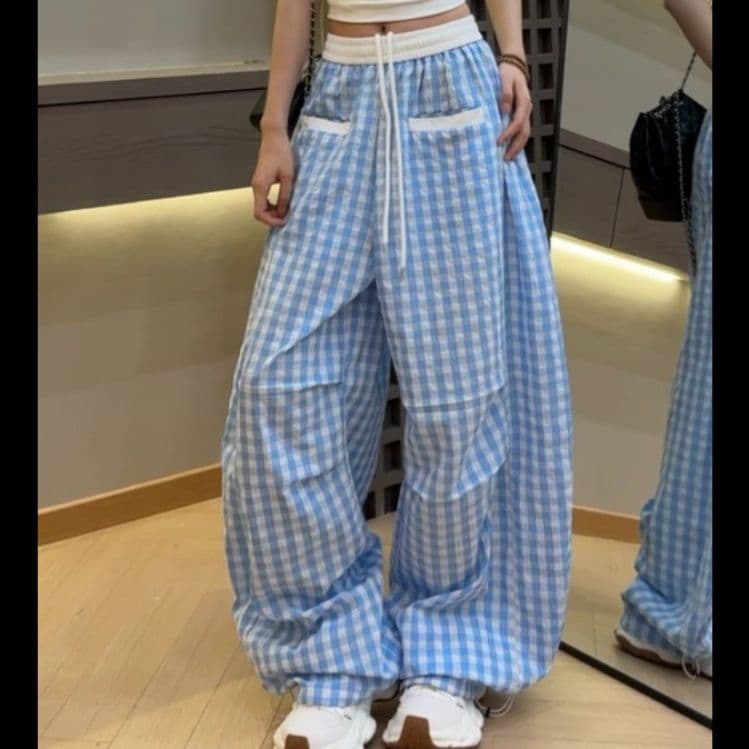 チェックパンツ 格子柄ゆったりワイドパンツ
