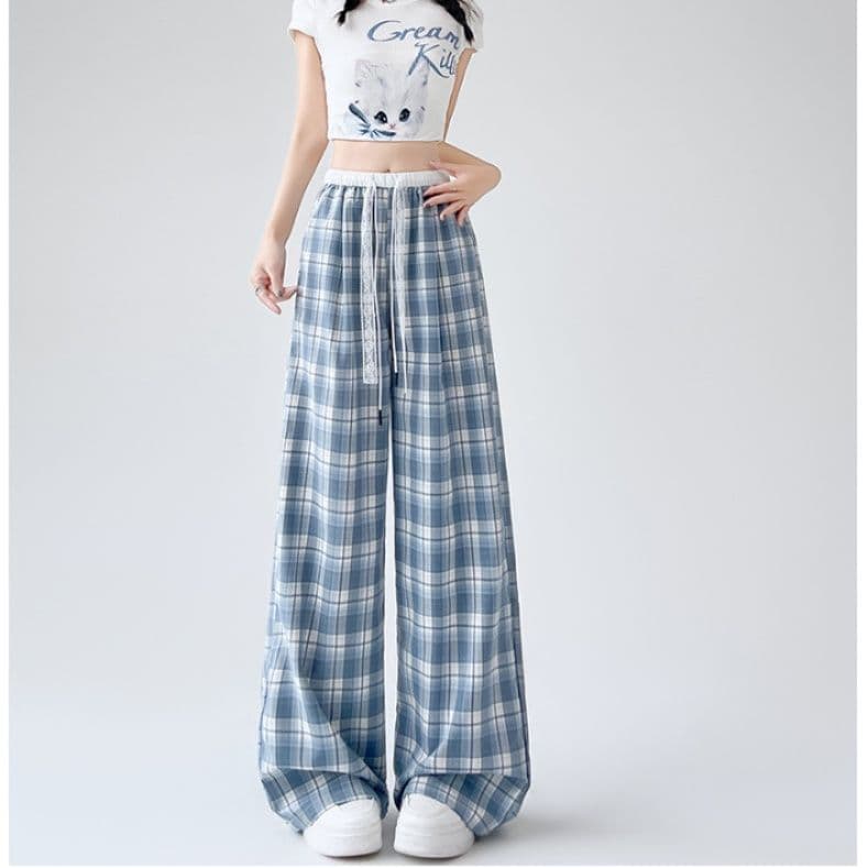 チェックパンツ 格子柄ゆったりロングパンツ