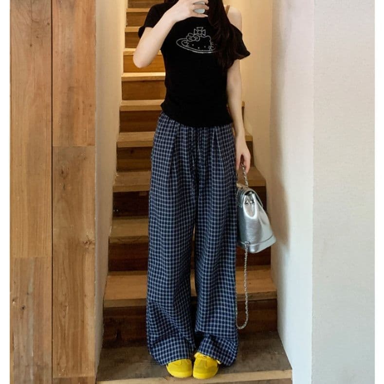 チェックパンツ 大人のゆったりチェックワイドパンツ