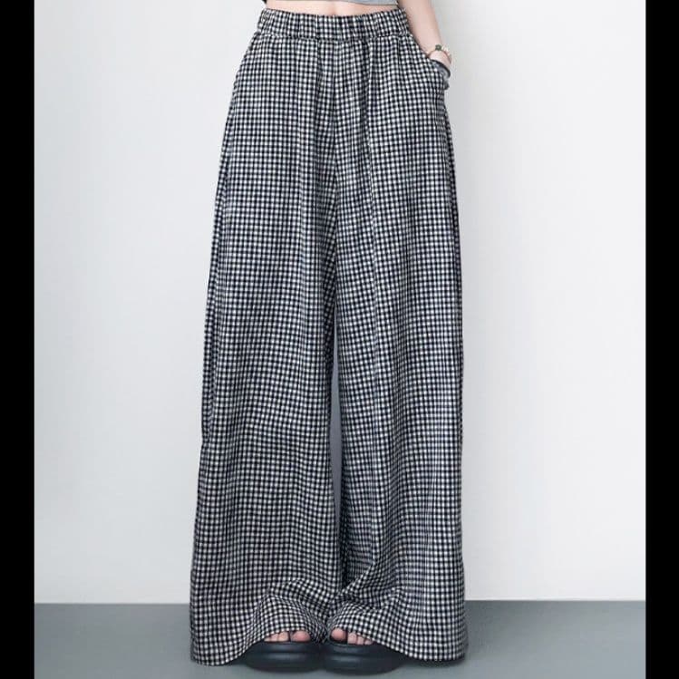 チェックパンツ 格子柄ゆったりロングワイドパンツ