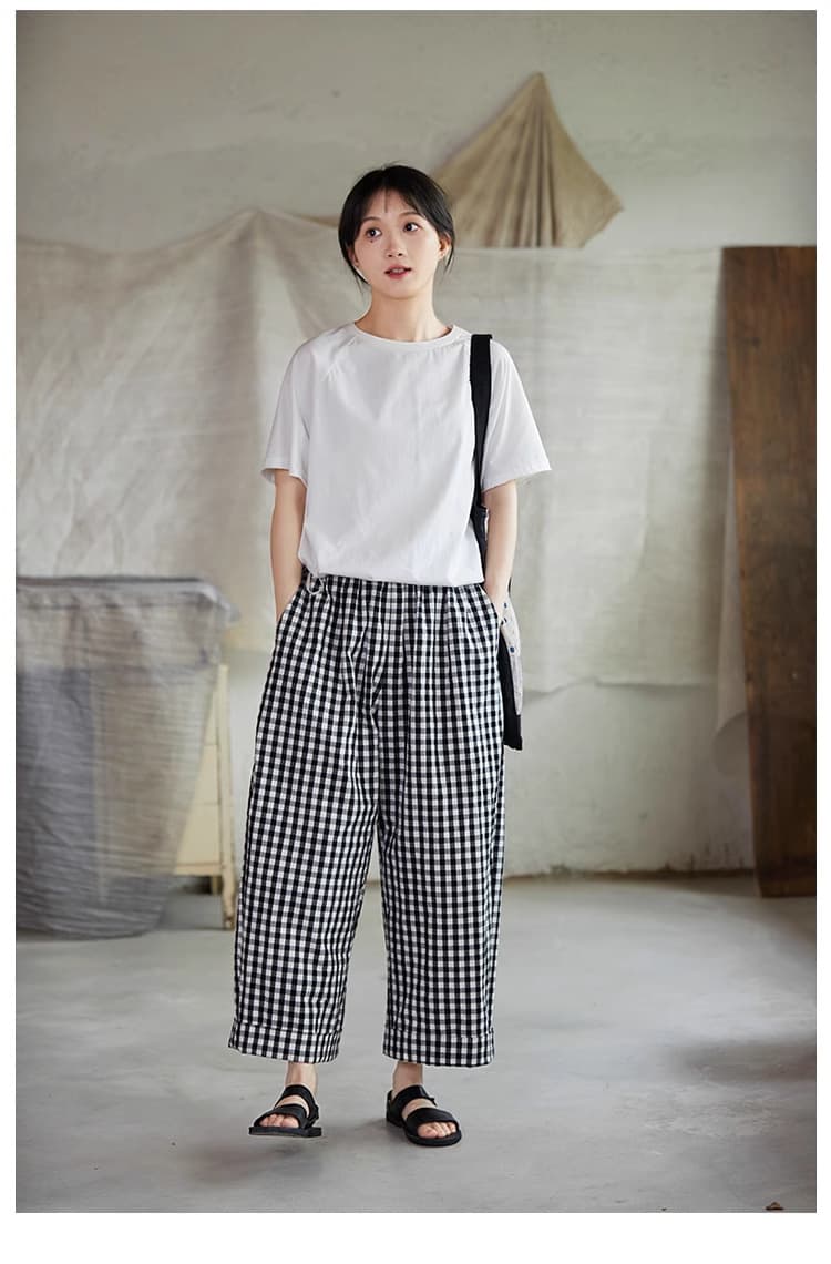 チェックパンツ 白黒 ゆったりチェック柄ワイドパンツ