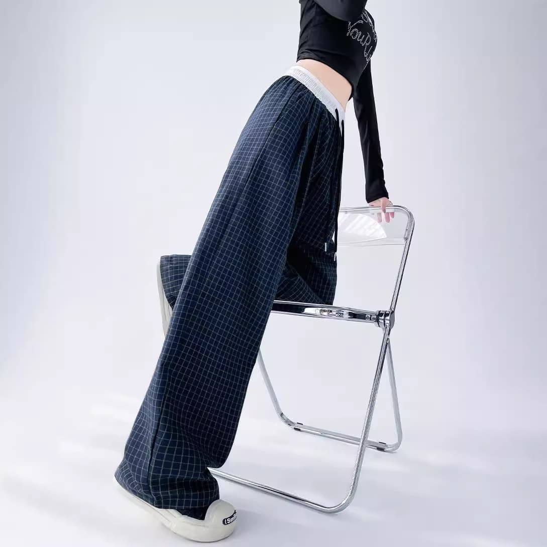 チェックパンツ レディースチェック柄ワイドパンツゆったりカジュアル