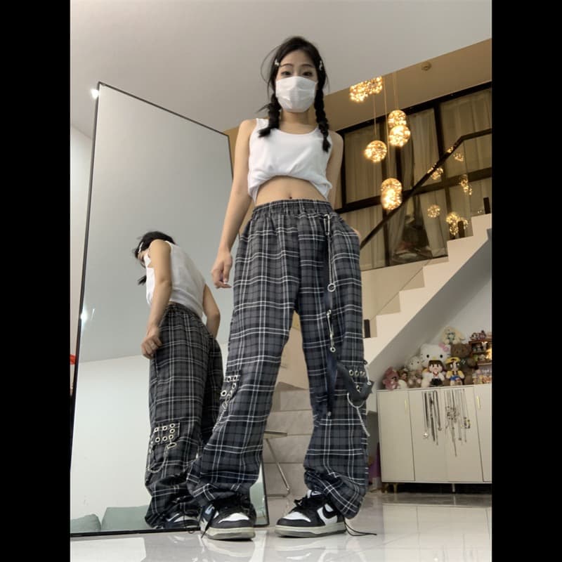 チェックパンツ モード系チェック柄 ハイウエストスラックス レディース