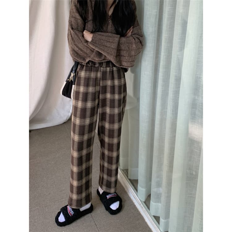 チェックパンツ 伸縮性ウエスト 暖かい厚手 チェック柄ワイドパンツ