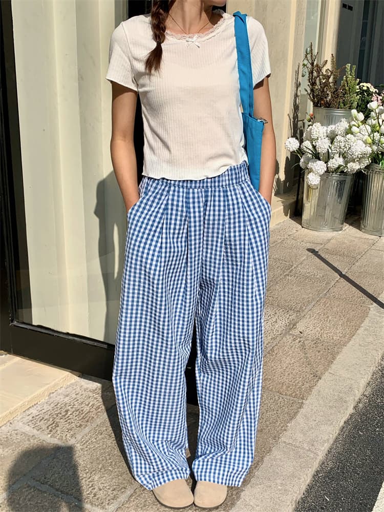 チェックパンツ 春夏ギンガムチェック柄ワイドパンツゴム仕様