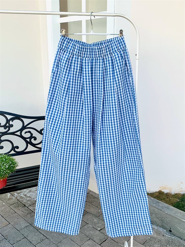 チェックパンツ 春夏ギンガムチェック柄ワイドパンツゴム仕様