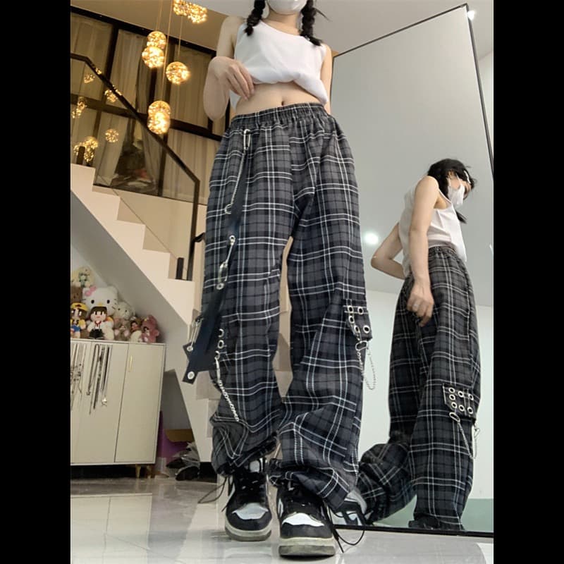チェックパンツ モード系チェック柄 ハイウエストスラックス レディース