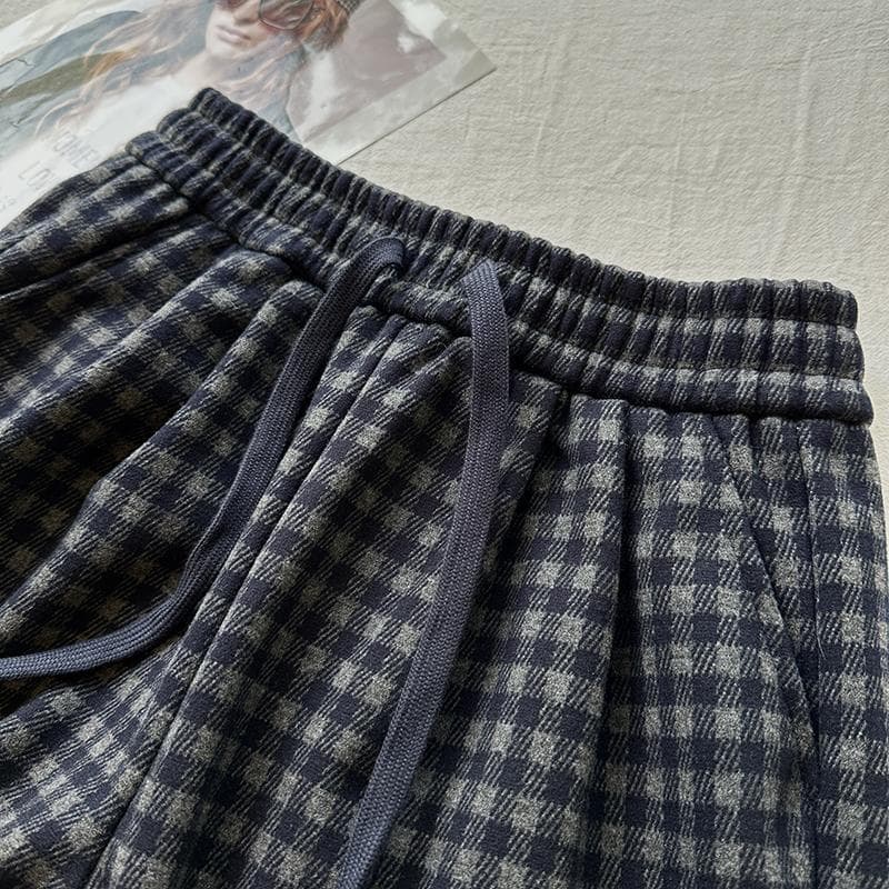 チェックパンツ レディース ハイウエスト チェック柄 裏起毛 グレーロングパンツ