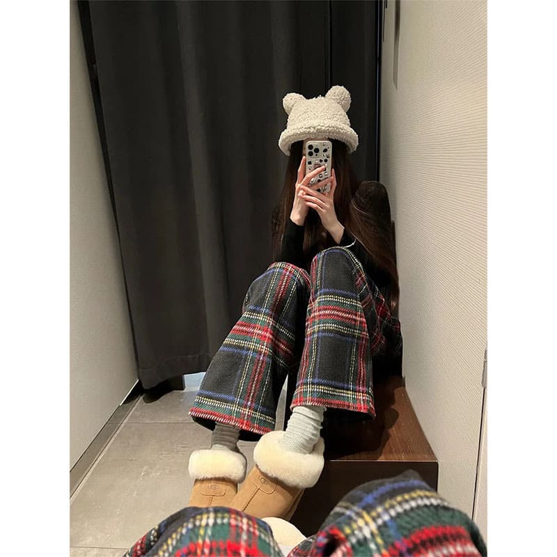 チェックパンツ 伝統柄タータンチェック柄ワイドレッグパンツ