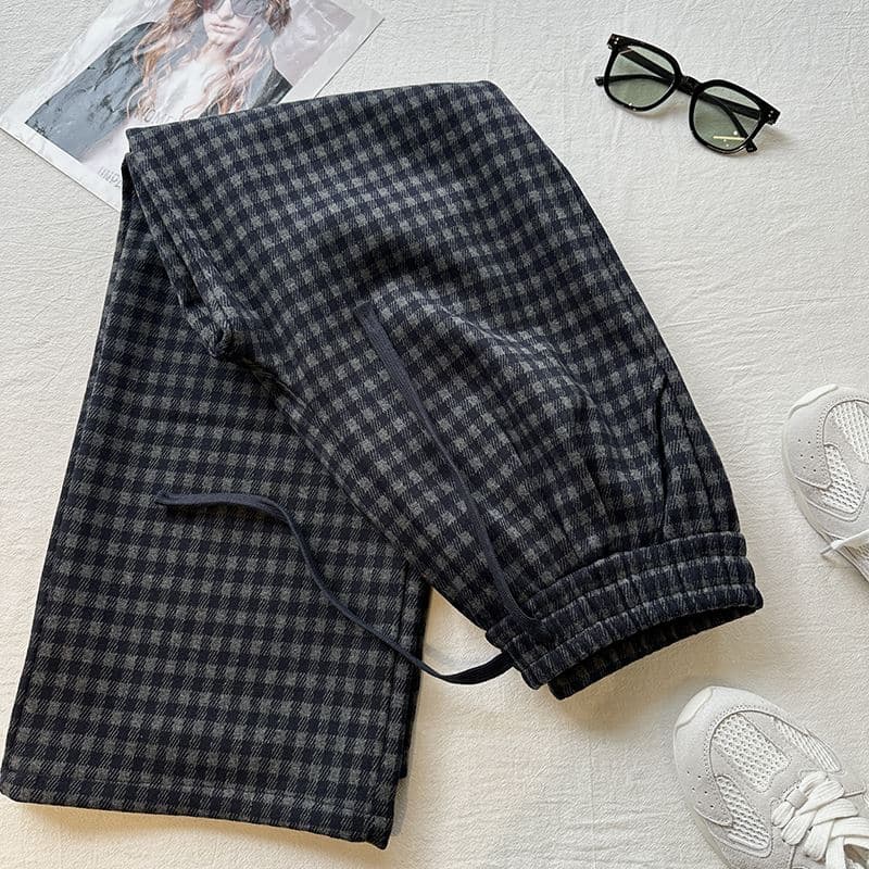 チェックパンツ レディース ハイウエスト チェック柄 裏起毛 グレーロングパンツ