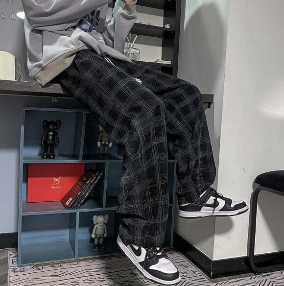 チェックパンツ 春夏メンズゆったりチェック柄パンツレトロ風