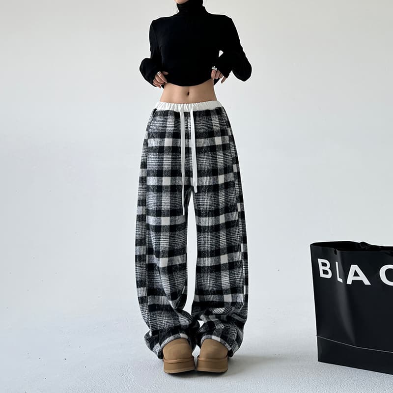 チェックパンツ もこもこチェックフリースワイドパンツ
