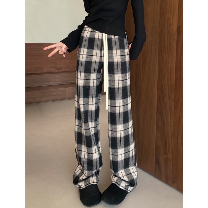 チェックパンツ 白黒 ゆったりシルエット 格子柄ルームパンツ