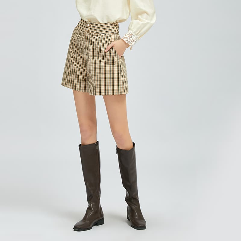 チェックパンツ ハイウエストチェックショートパンツ