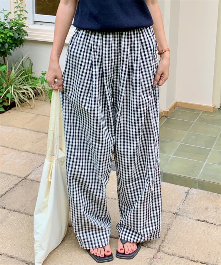 チェックパンツ 春夏ギンガムチェック柄ワイドパンツゴム仕様