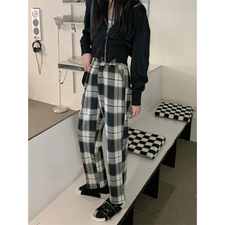 チェックパンツ 伸縮性ウエスト 暖かい厚手 チェック柄ワイドパンツ