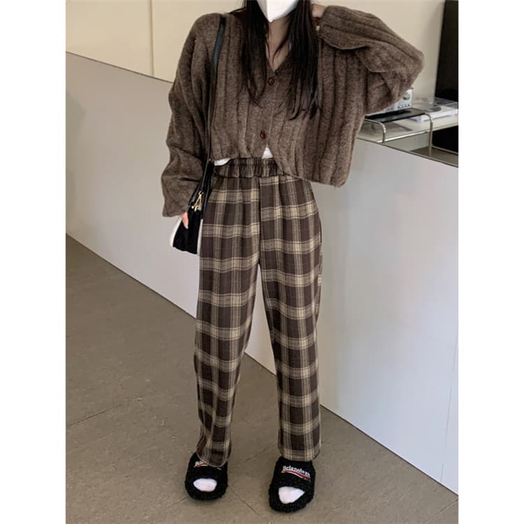 チェックパンツ 伸縮性ウエスト 暖かい厚手 チェック柄ワイドパンツ