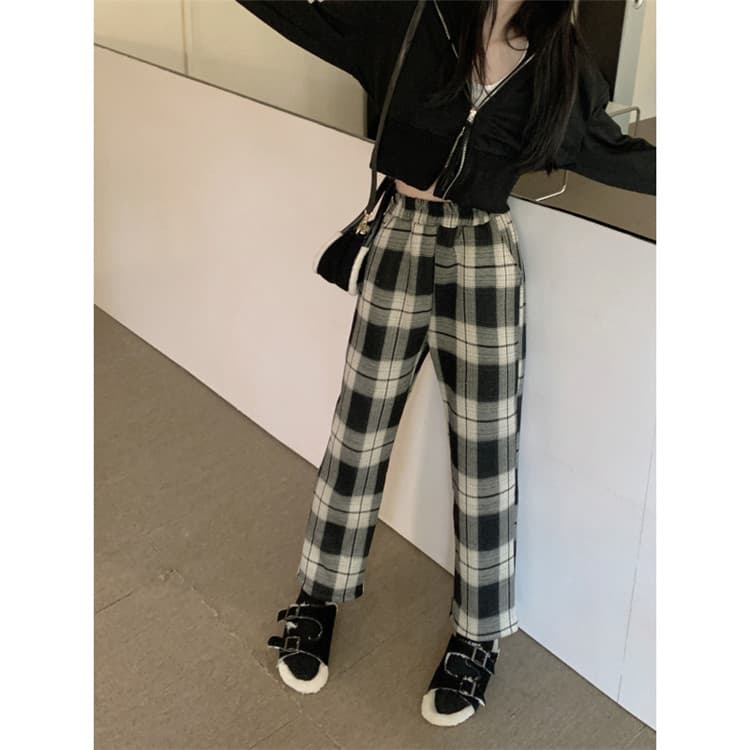 チェックパンツ 伸縮性ウエスト 暖かい厚手 チェック柄ワイドパンツ