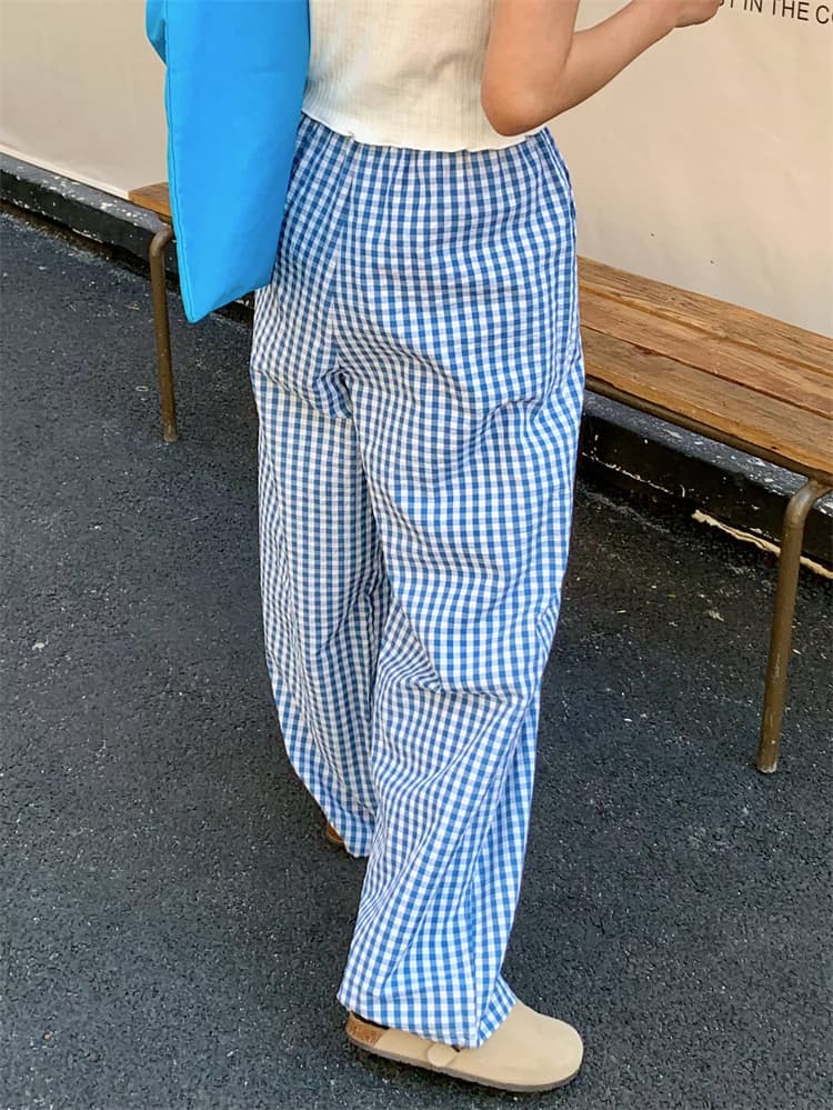 チェックパンツ 春夏ギンガムチェック柄ワイドパンツゴム仕様