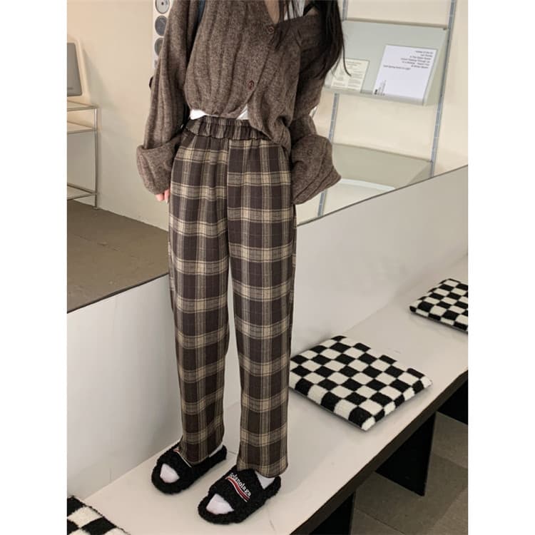 チェックパンツ 伸縮性ウエスト 暖かい厚手 チェック柄ワイドパンツ