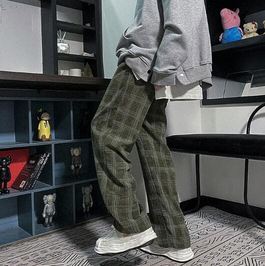 チェックパンツ 春夏メンズゆったりチェック柄パンツレトロ風