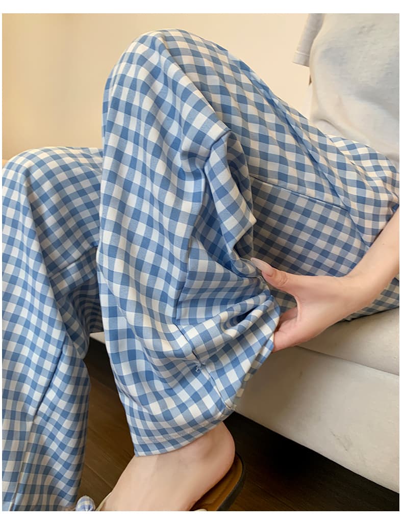 チェックパンツ ゆったり格子柄ロングパンツ