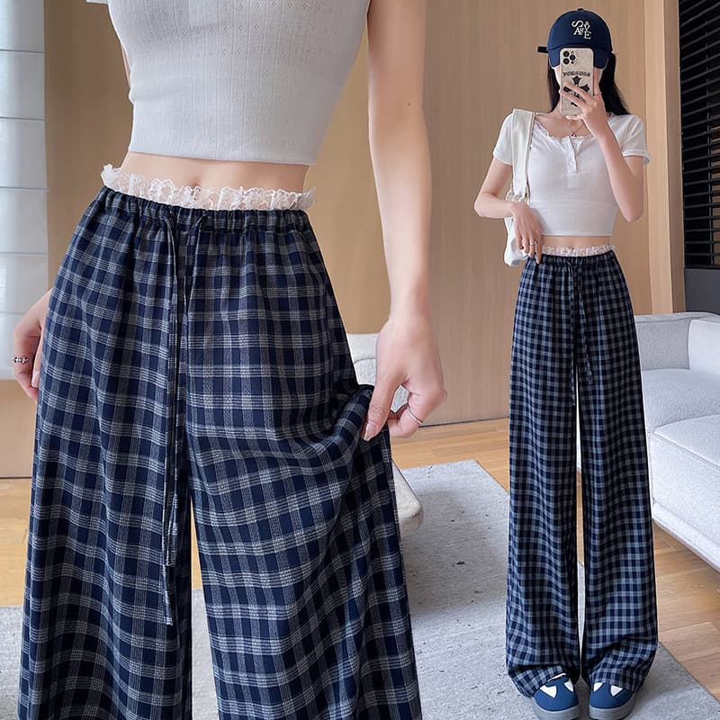 チェックパンツ 春の新作チェック柄ワイドパンツ レディース