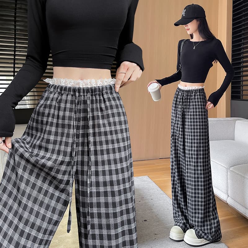 チェックパンツ 春の新作チェック柄ワイドパンツ レディース
