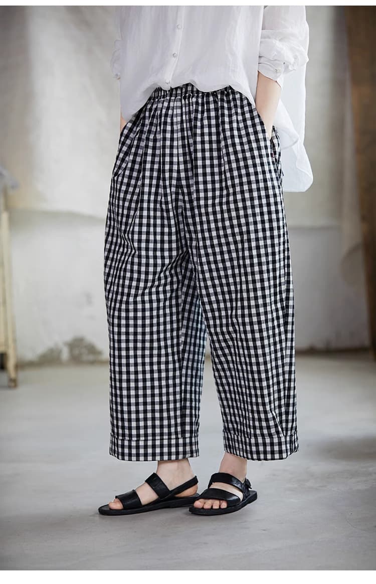 チェックパンツ 白黒 ゆったりチェック柄ワイドパンツ