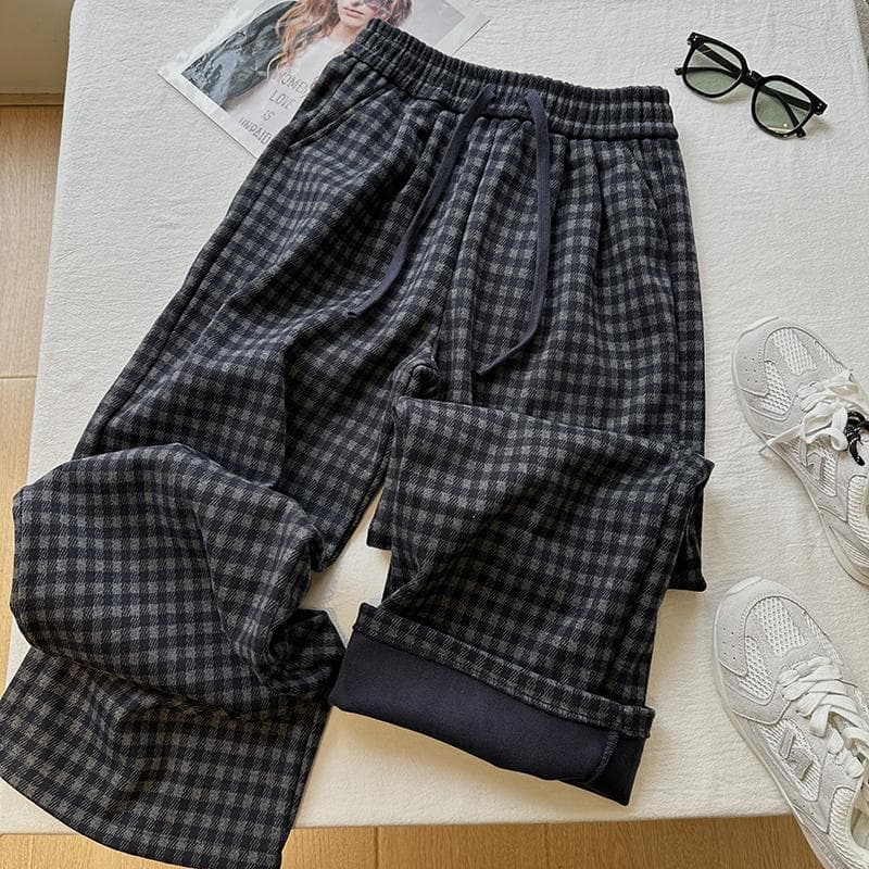チェックパンツ レディース ハイウエスト チェック柄 裏起毛 グレーロングパンツ