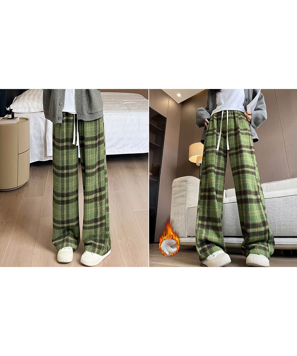 チェックパンツ チェック柄ハイウエストワイドパンツ裏起毛